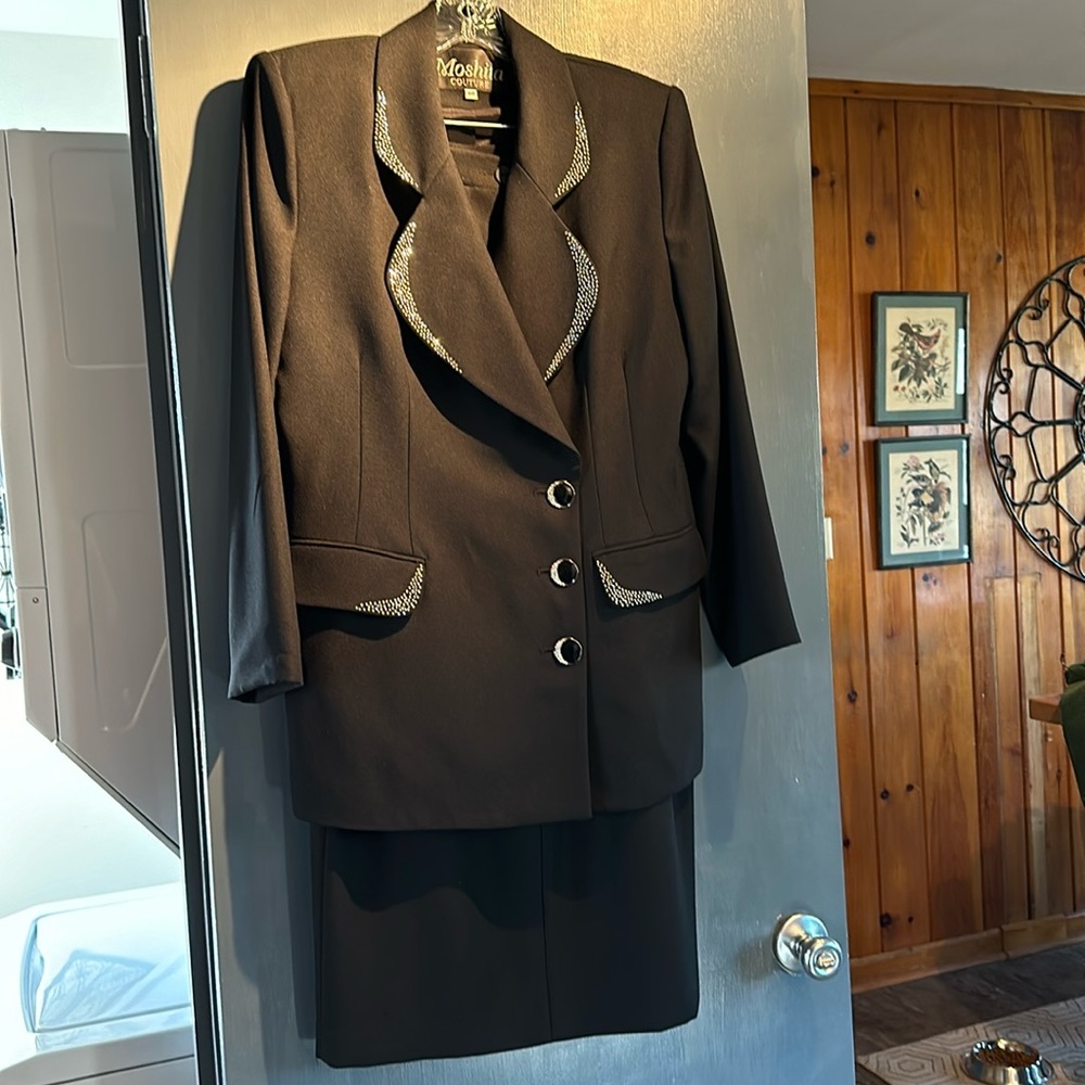 Moshita couture 2 pc black suit with Rhinestone accent Sz 10